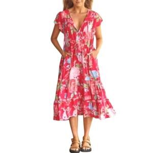 JAASE Floral Midi Dress Short Sleeve Tie Waist Flowy Red Boho Casual Summer XS